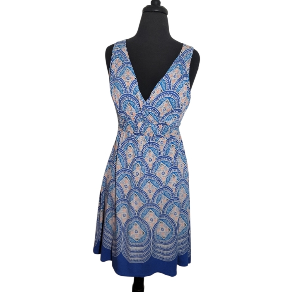 ELLE blue peach geometric print v neck sleeveless fit flare dress women’s small